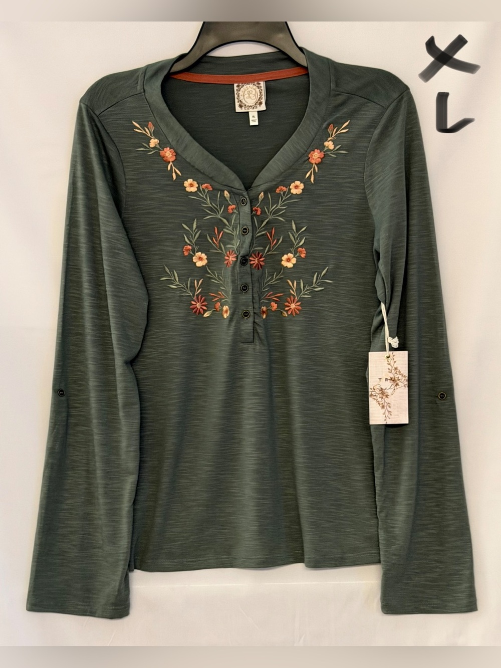 Embroidered V-Neck Henley Long-Sleeve Top - Olive Green